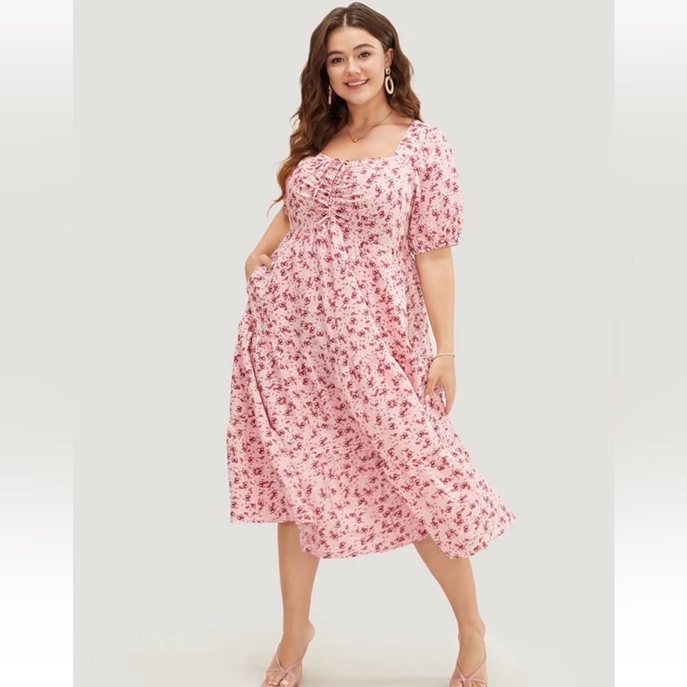 BloomChic Ditsy Floral Ruffle Tiered Pocket Ruched Puff Sleeve Drawstring Dress